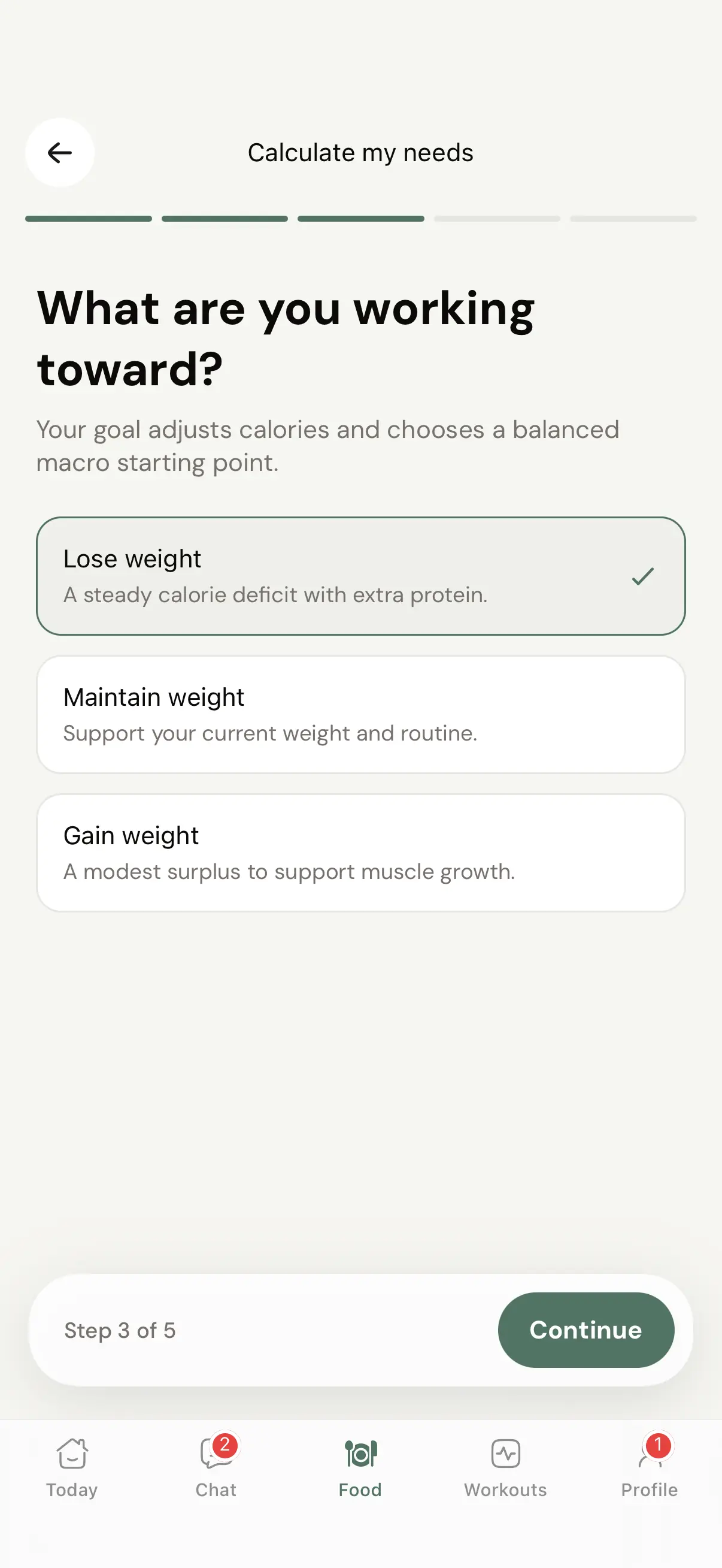 Step 3 of the Coachway calorie calculator: choosing between lose weight, maintain weight and gain weight