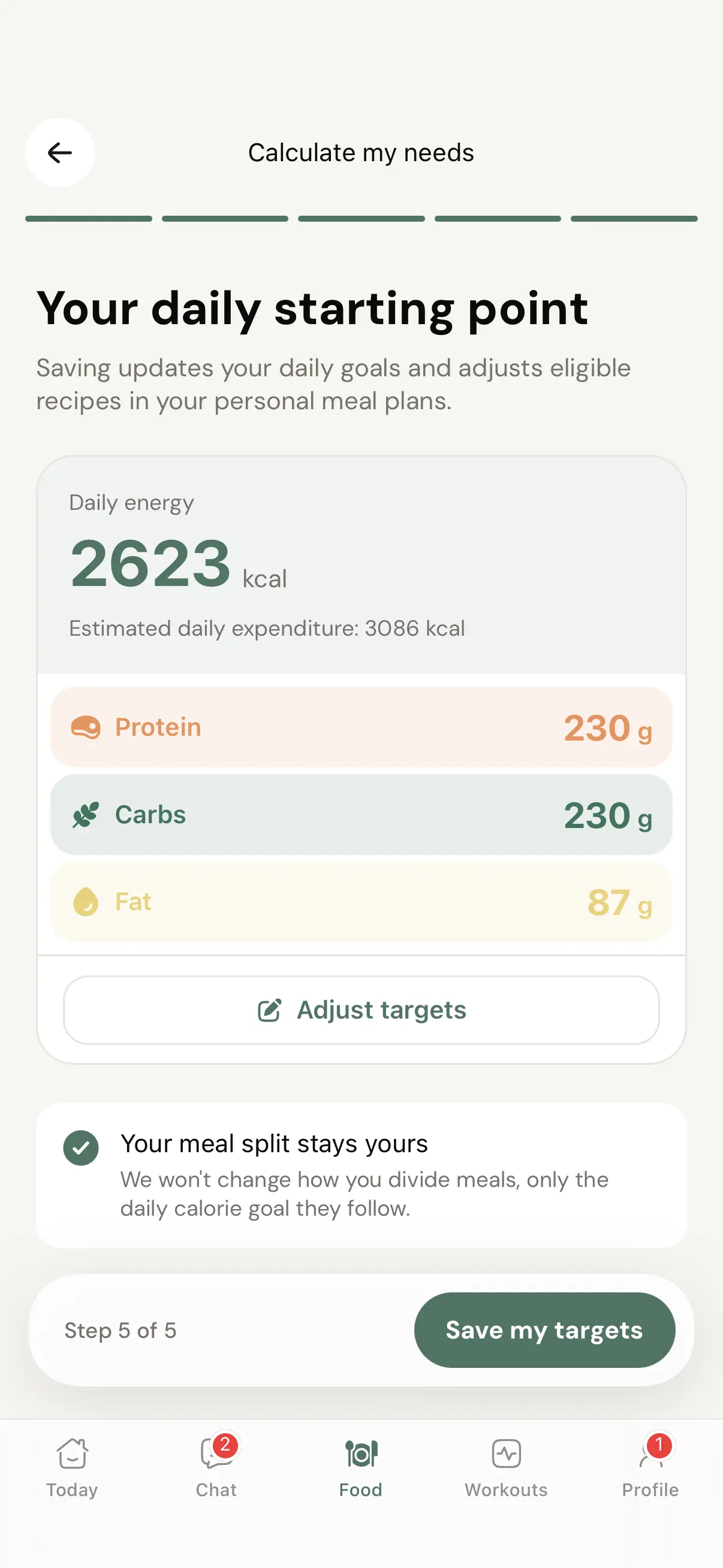 The final calculator step in the Coachway client app: 2623 kcal daily energy with protein, carbs and fat targets