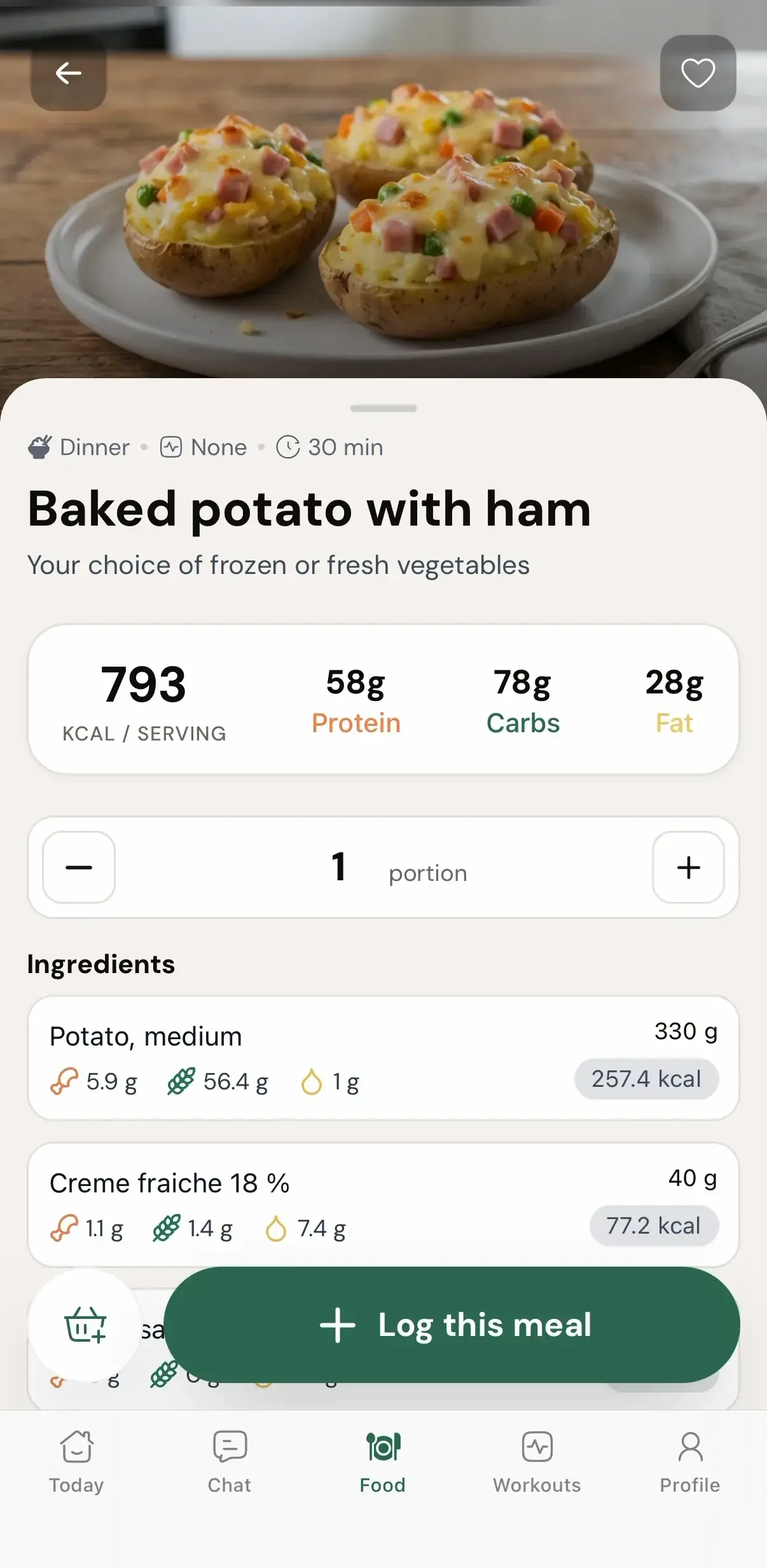 A cookbook recipe open in the Coachway client app with calories, macros, portion control and a log action
