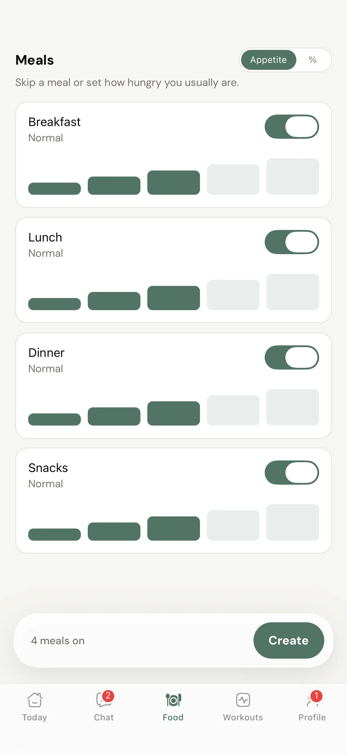 The Coachway client app splitting daily calories by appetite across breakfast, lunch, dinner and snacks