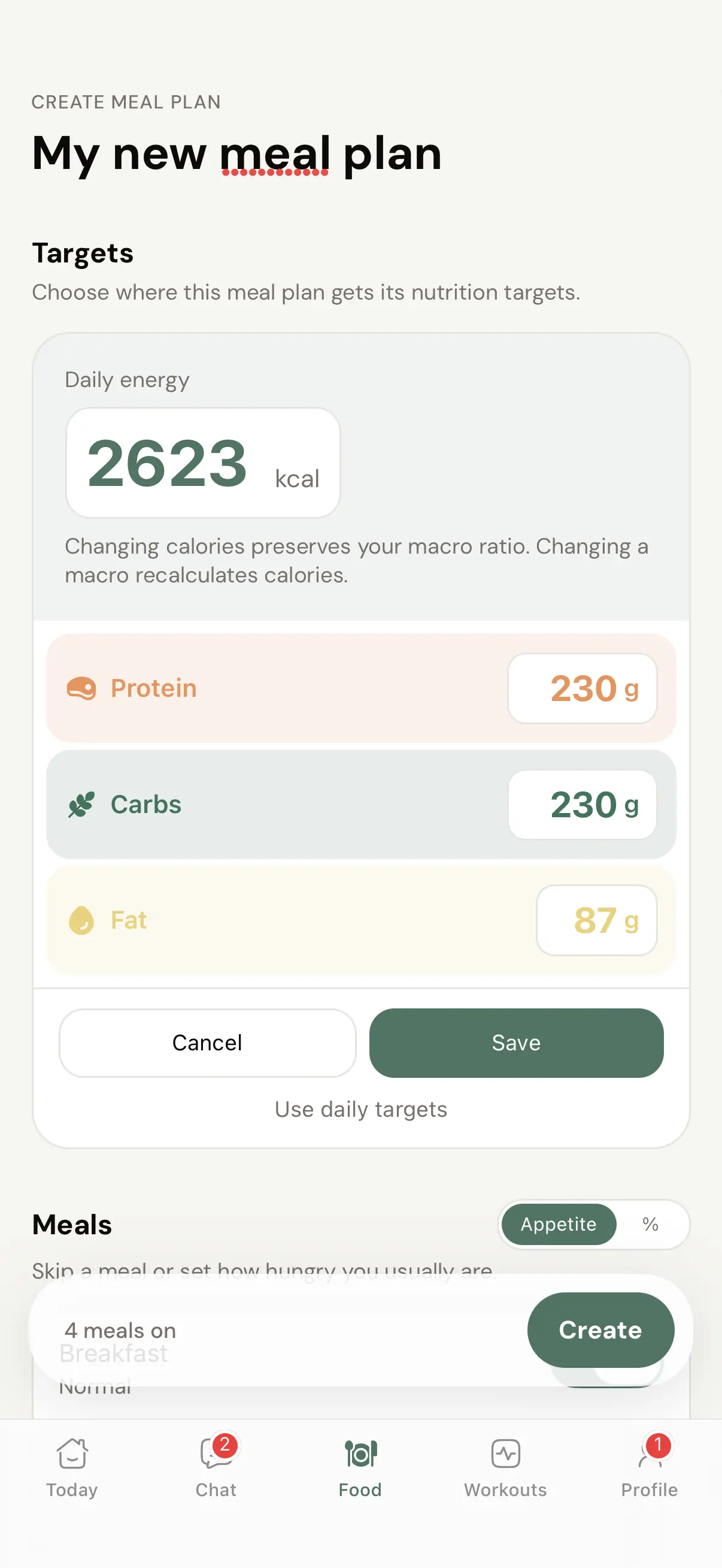 A client creating their own meal plan in the Coachway app, with targets pre-filled from the calorie calculator