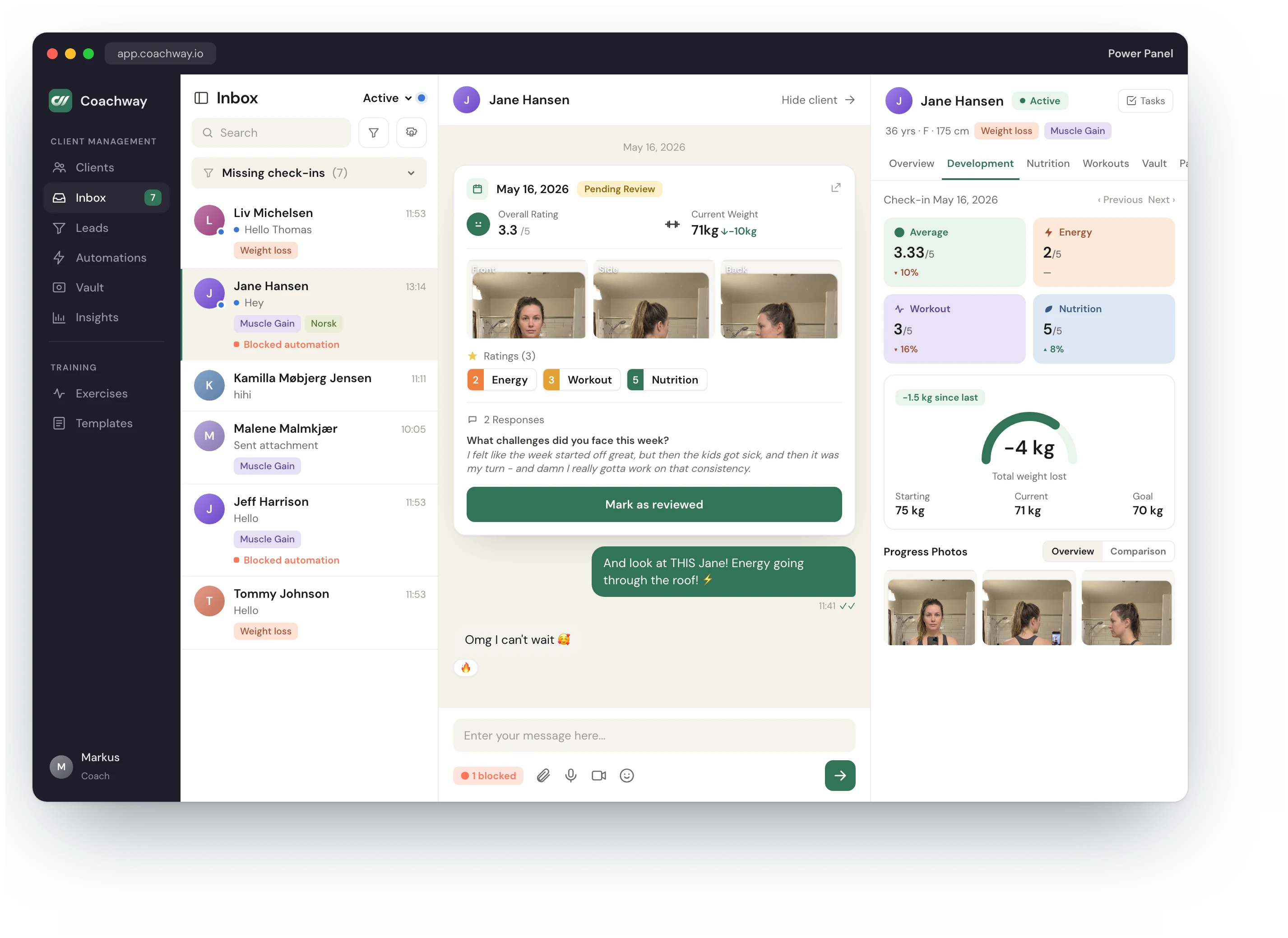 The Coachway Power Panel - client list, conversation and live client file on one screen