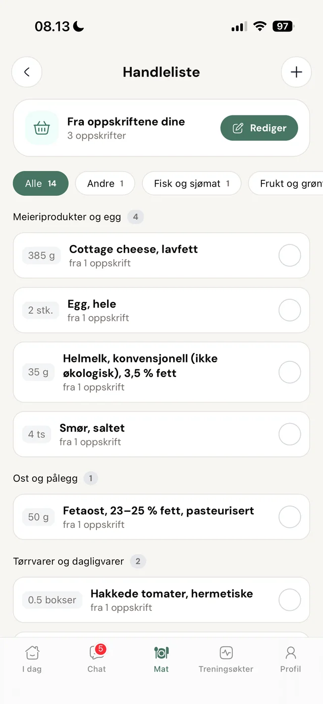 Handleliste i kundeappen