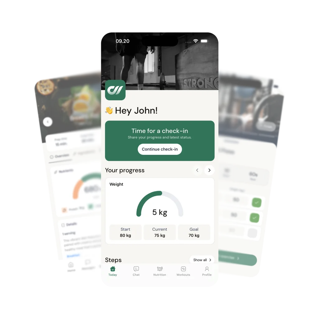 The Coachway client app - a client home screen carrying the coach logo, with a check-in prompt, a weight goal ring and tabs for chat, nutrition and workouts