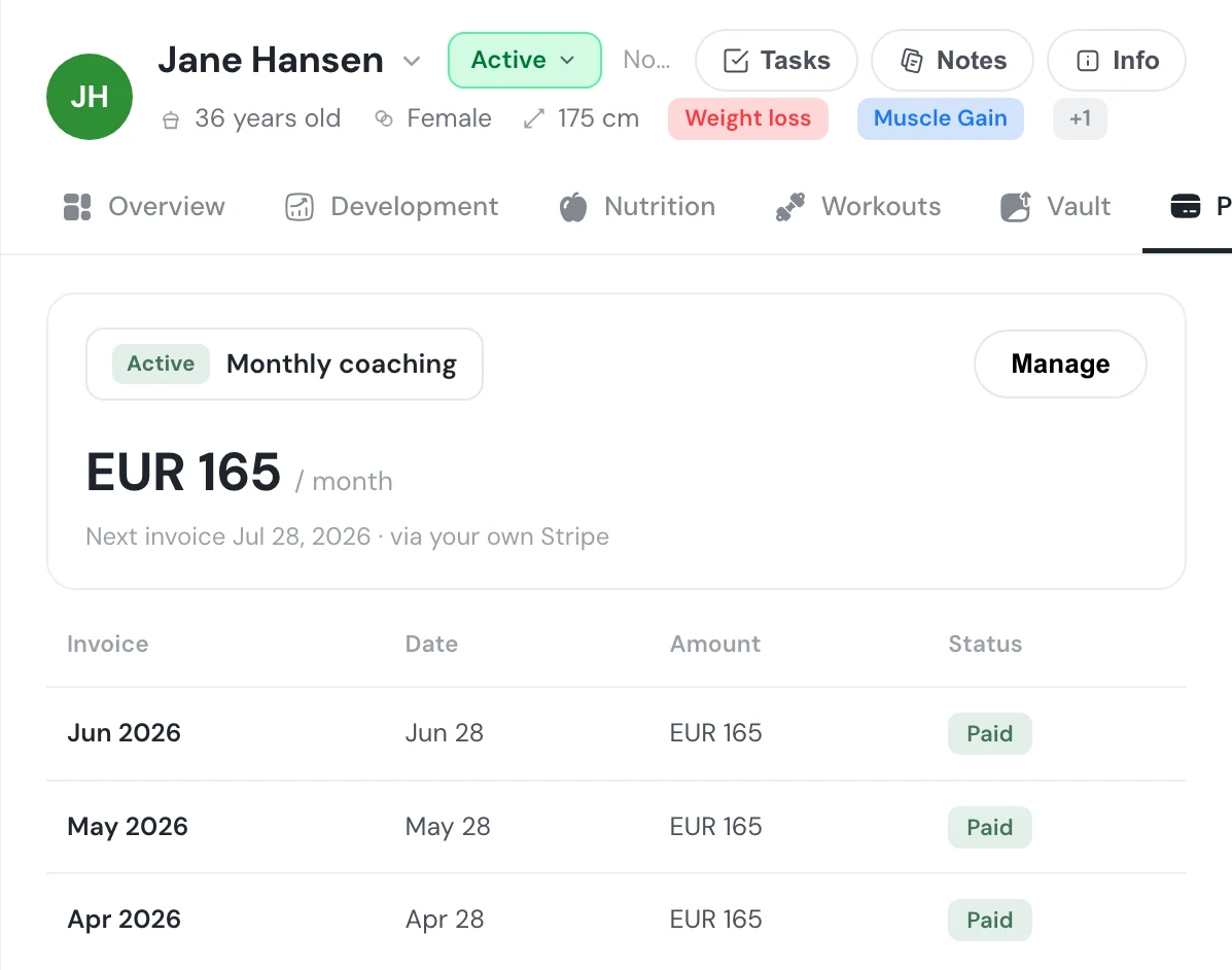 Coachway payments - a client on a EUR 165 monthly coaching subscription, the next invoice date, and the paid invoice history, all billed through the coach's own Stripe account