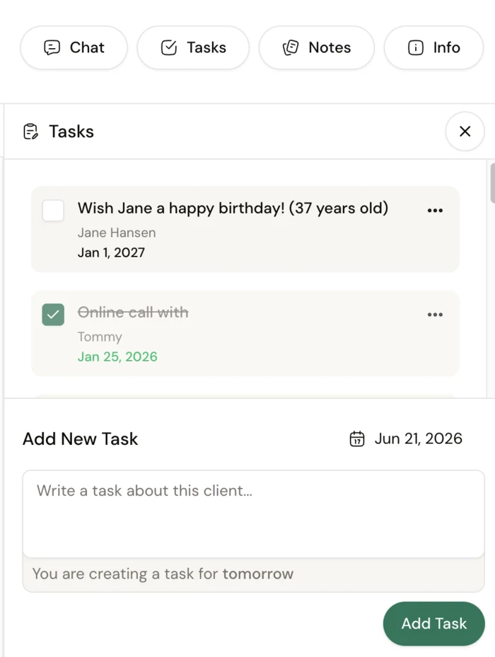 Coachway tasks - per-client reminders such as a birthday and a booked call, with a composer for adding the next one
