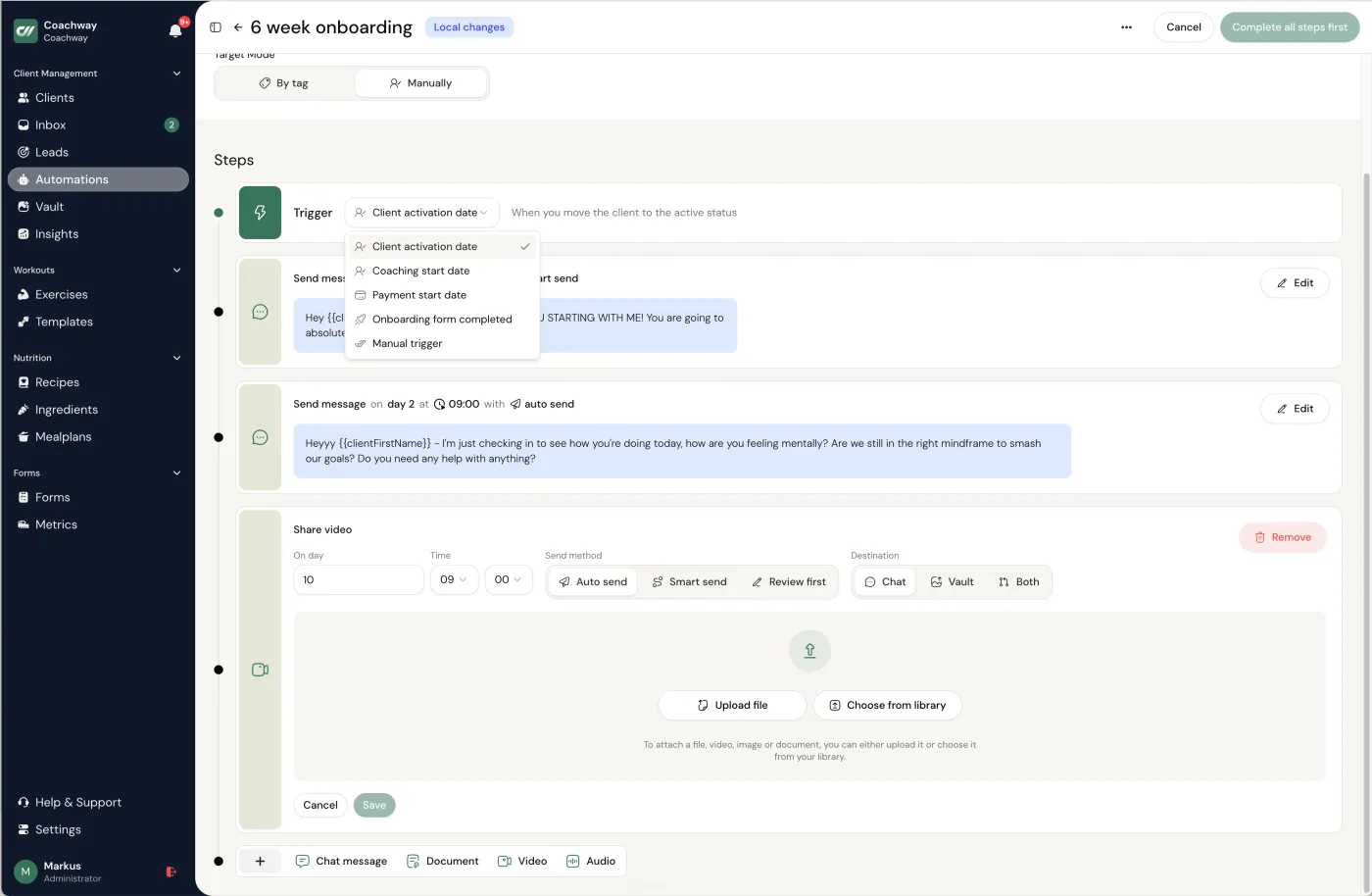 Coachway automations - a six-week onboarding flow with scheduled messages and shared videos
