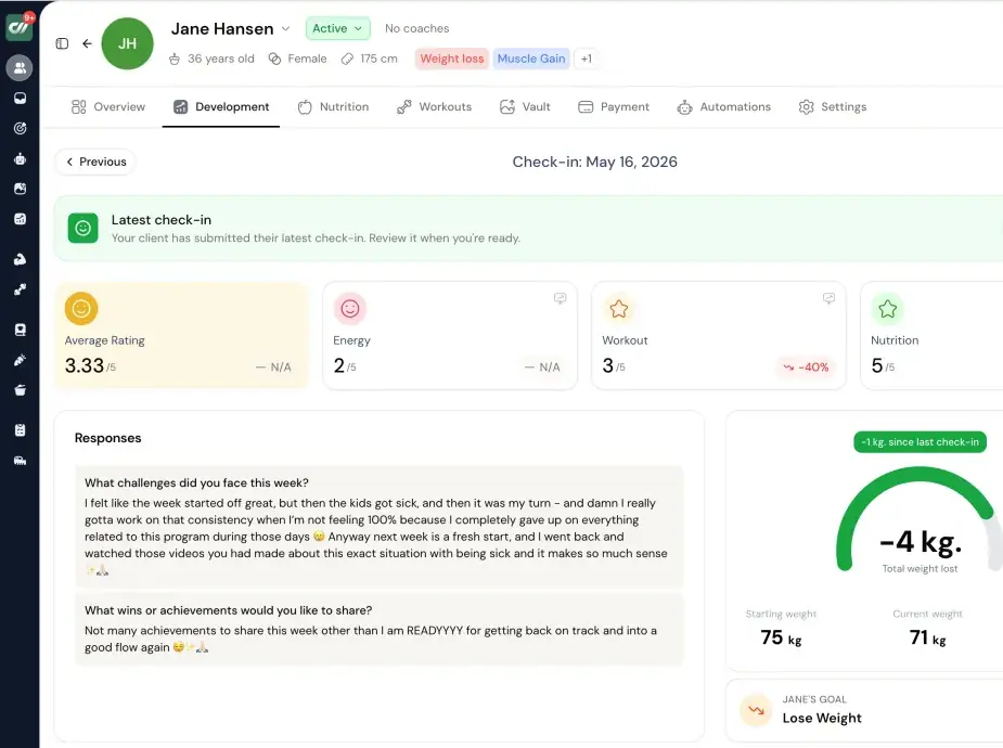 Coachway check-ins - the week's ratings, the answers the client wrote and the weight trend on one tab
