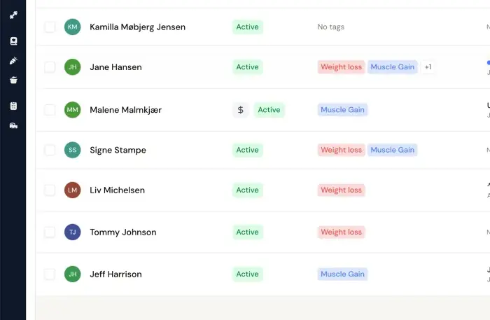 Coachway clients list - every client in one table with status and goal tags