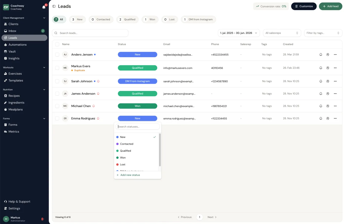 Coachway leads - a sales pipeline with new, contacted, qualified and won lead stages