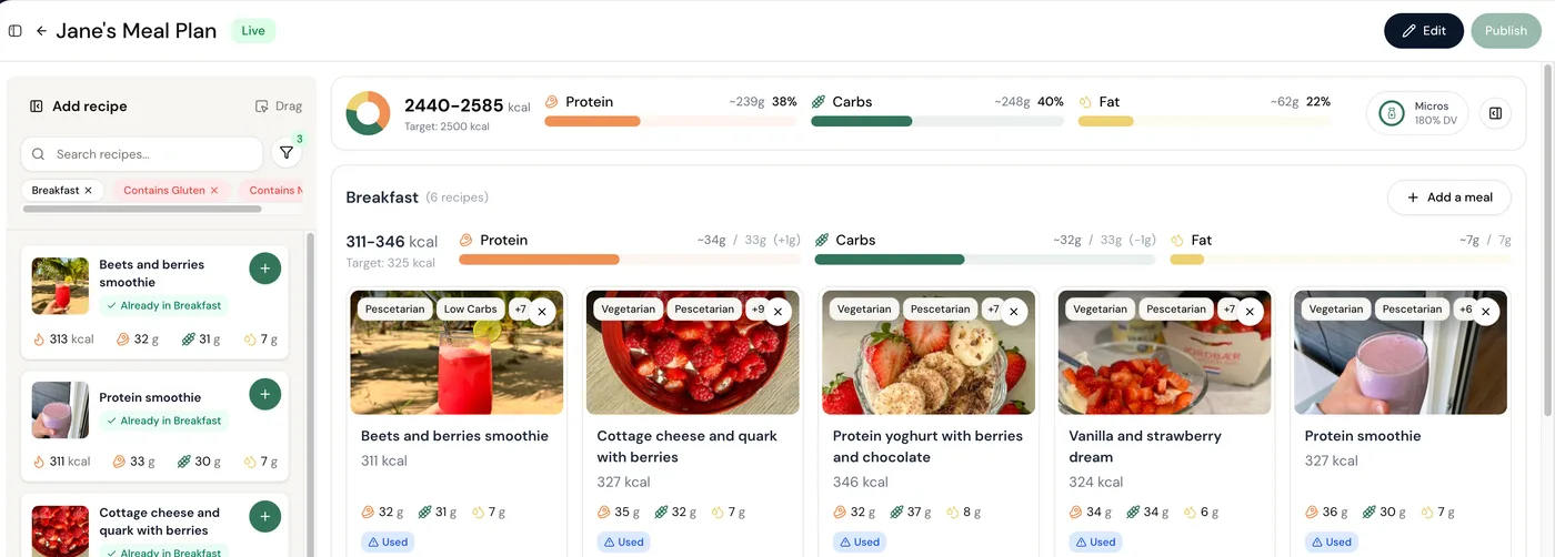 A client's meal plan open in Coachway: the daily calorie and macro summary above the breakfast recipe cards